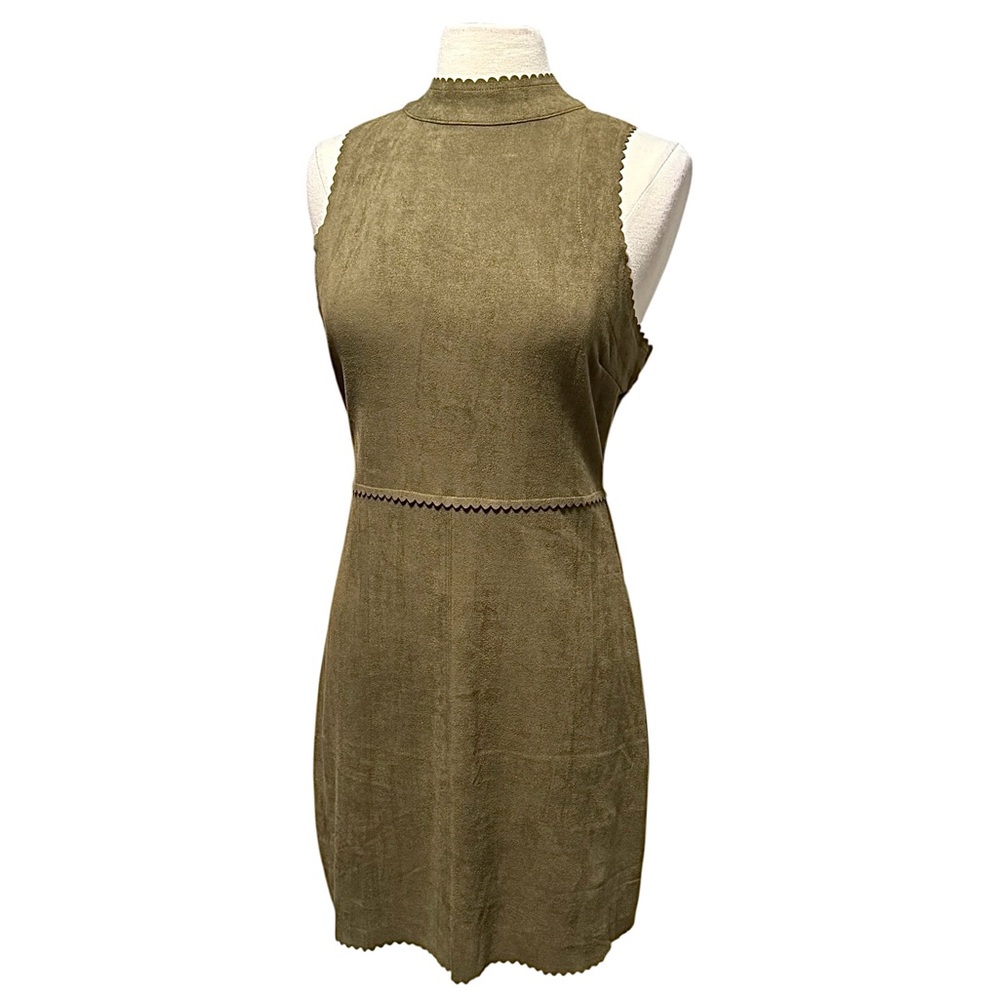 HYFVE Sleeveless Olive Green Scalloped High Neck Felt Mini Dress Size Large NWT